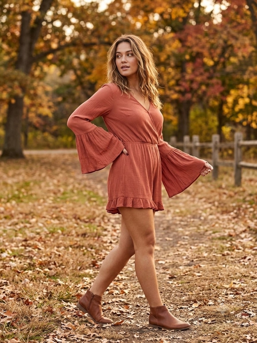 Cotton On Terracotta Rust Bell Sleeve Surplice Romper Medium Boho Crinkle